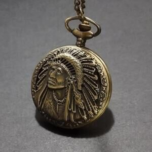 Native American Indian Chief Gold Pocket Watch Necklace Christmas Gift - New!!